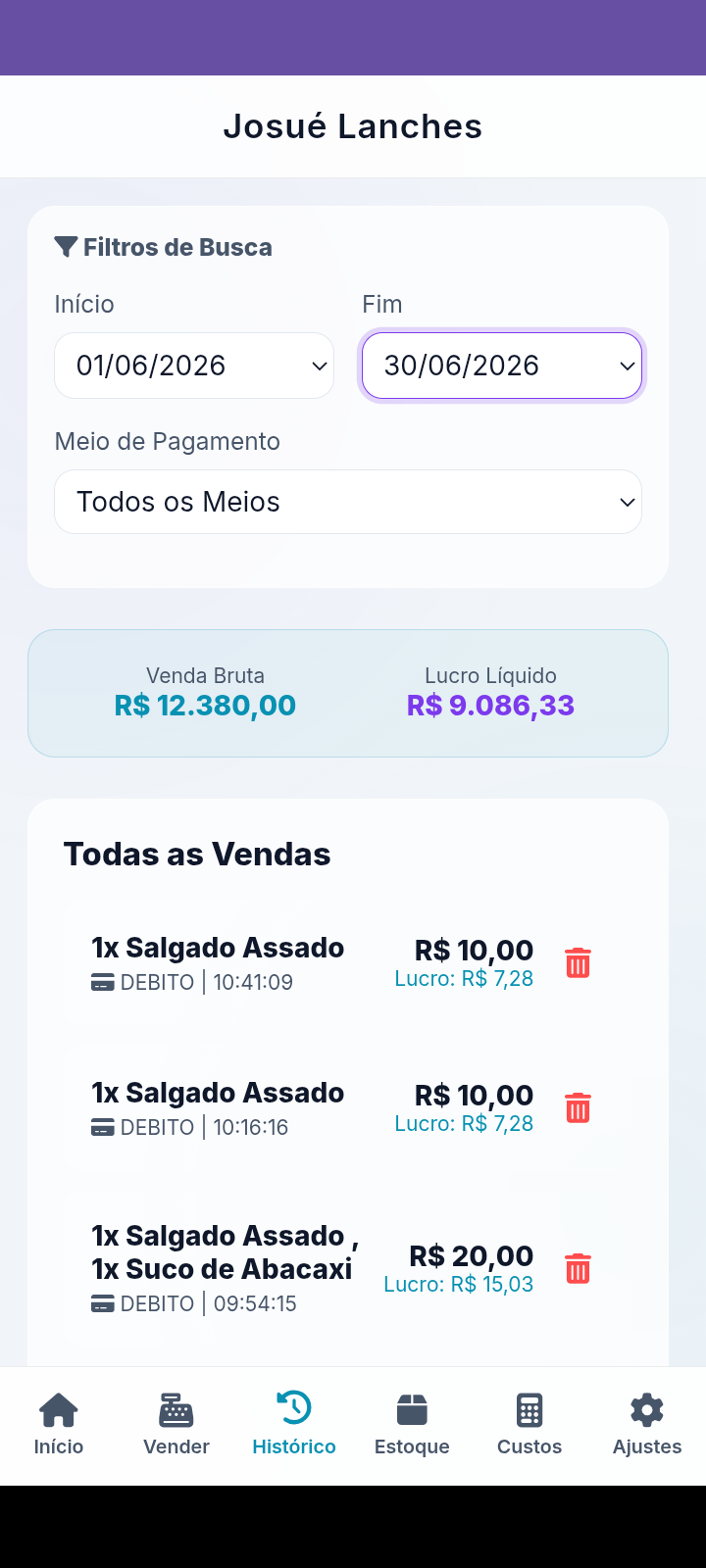 Print da tela Histórico do app