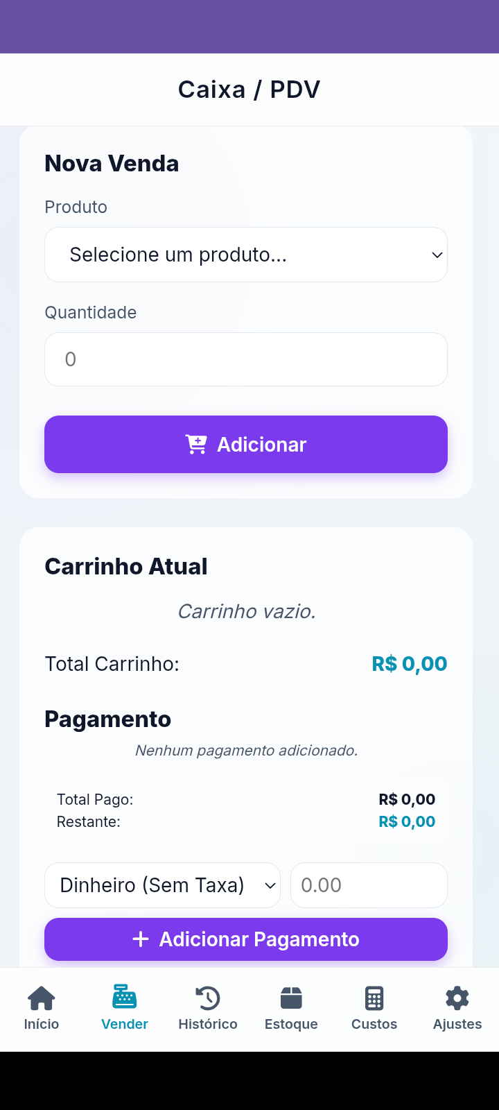 Print da tela PDV (Caixa) do app