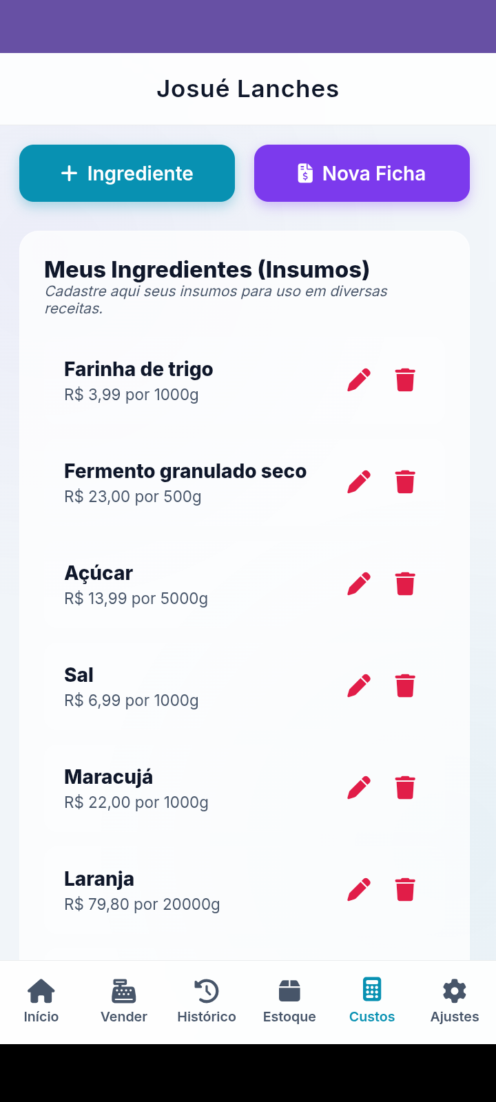 Print da tela Precificação do app